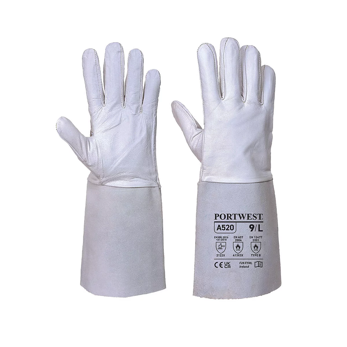 Zwei weisse Arbeitshandschuhe mit langen Manschetten. Auf einem steht 'PORTWEST A520 9/L' und Symbole.