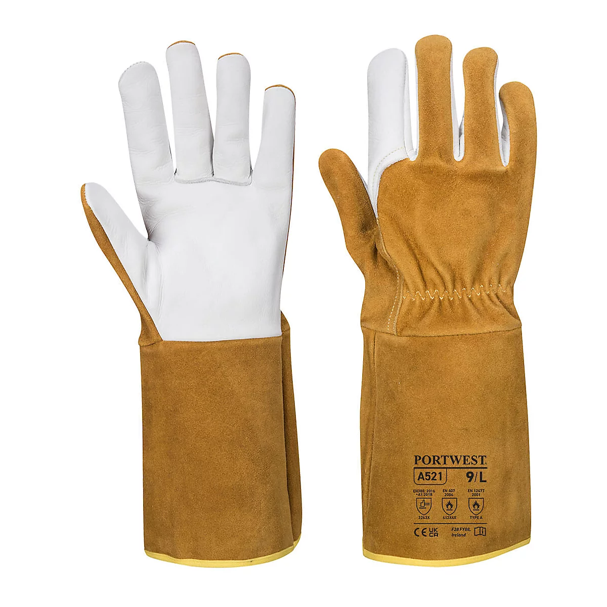 Zwei braune Lederhandschuhe mit weissen Handflächen, langer Stulpe und dem Aufdruck "Portwest".