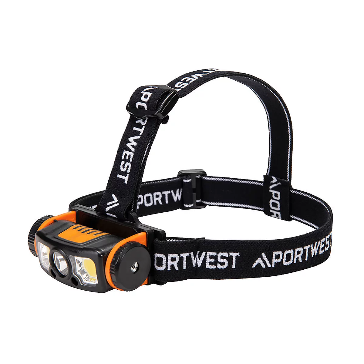 Eine Stirnlampe mit schwarzem Kopfband und orangefarbenem Scheinwerfer, auf dem 'Portwest' steht.