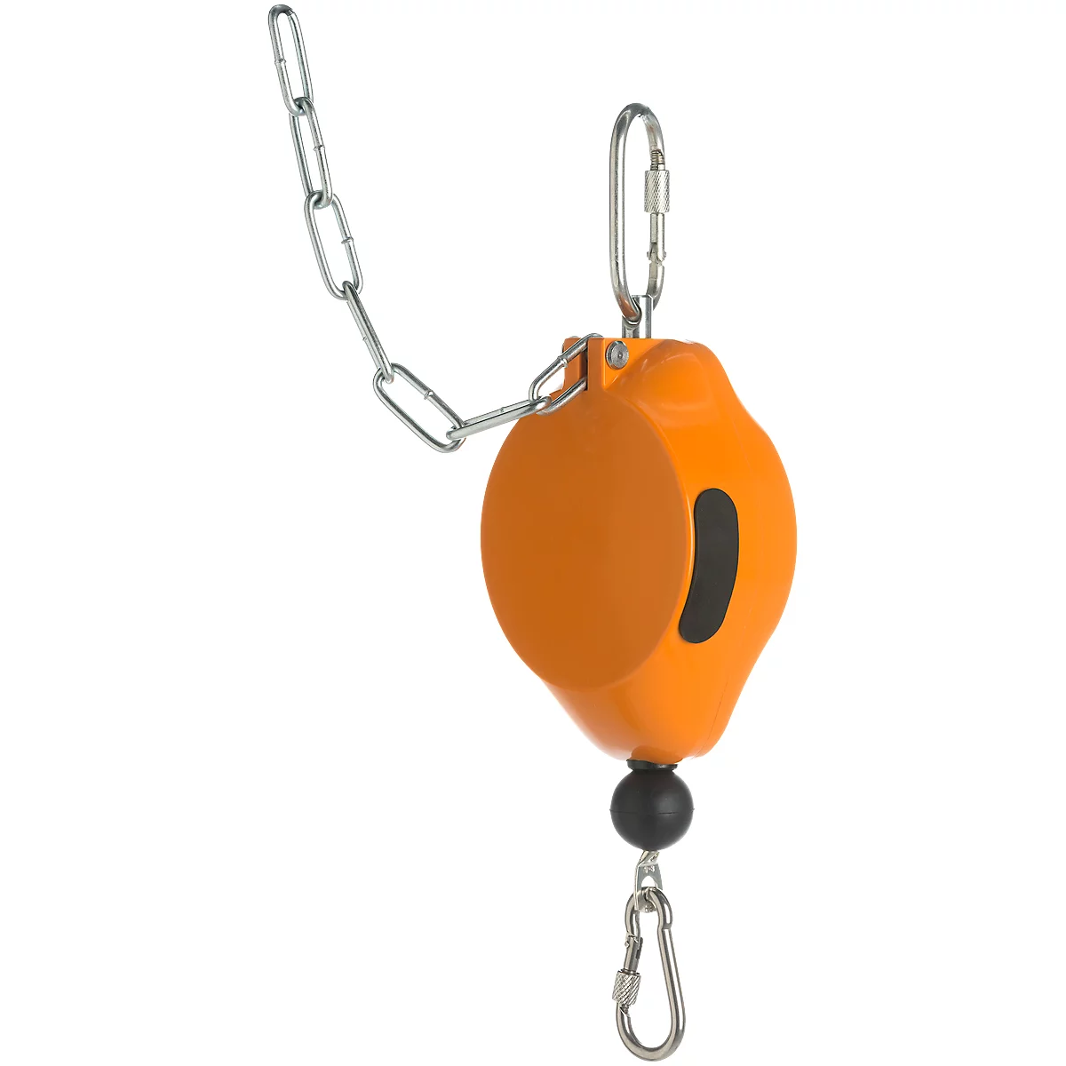 Orange tool with chain and carabiner, detail view, on white background.