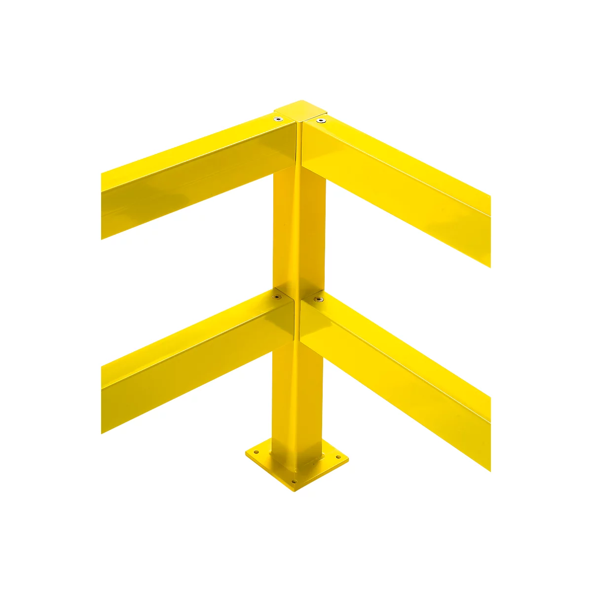 Yellow railing, detail view. Square posts with horizontal struts and a corner connection. The screws are visible.