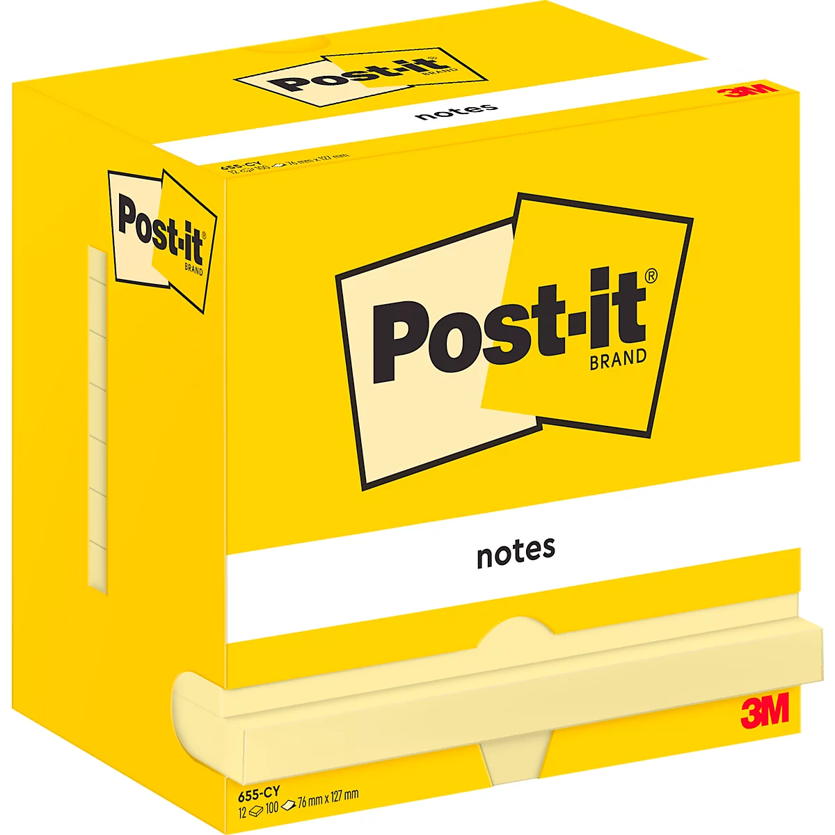 Bloc-notes Post-it jaune avec impression "Post-it" et "notes". En bas, le logo 3M.