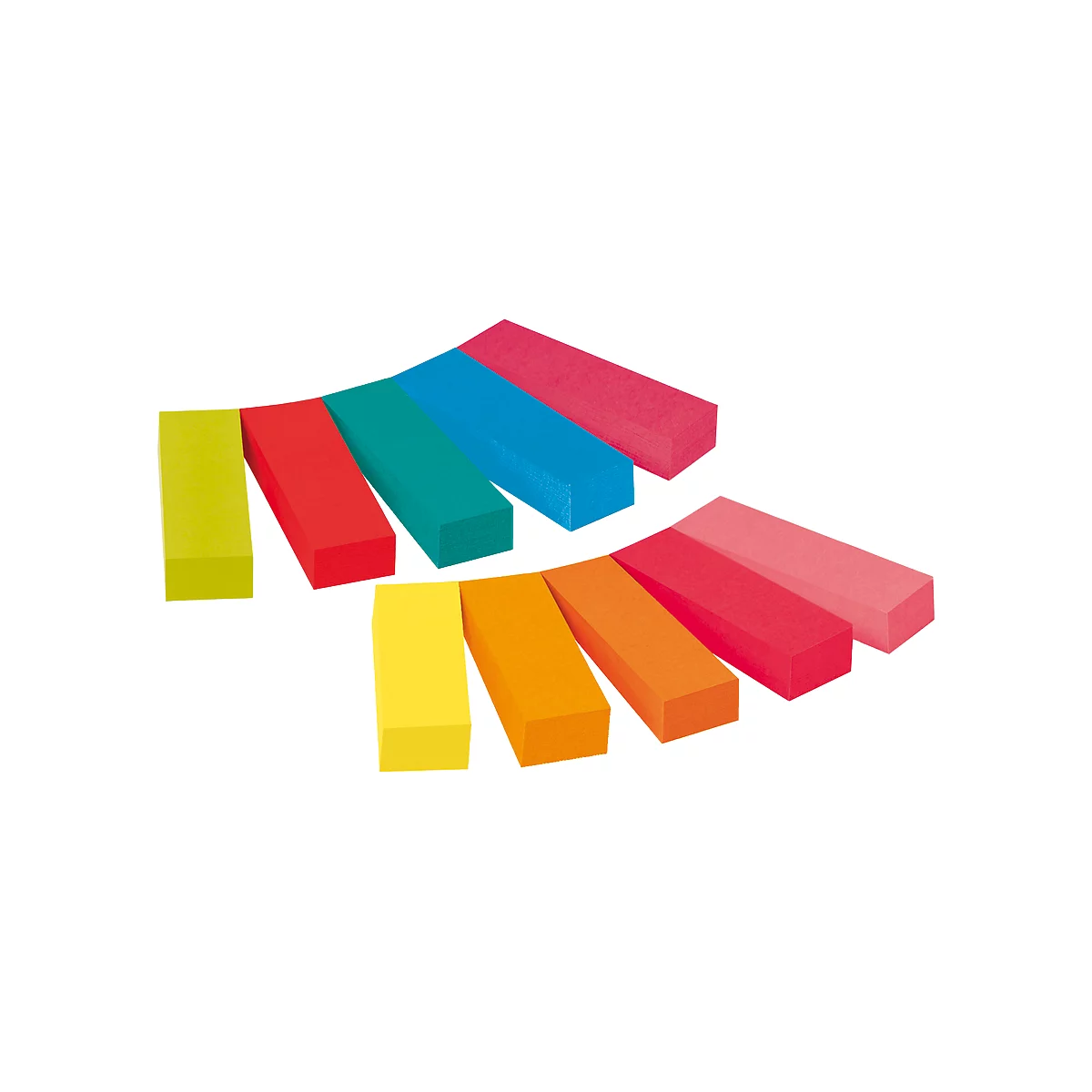 Row of colorful rectangular erasers. Colors: yellow, red, green, blue, pink, orange.