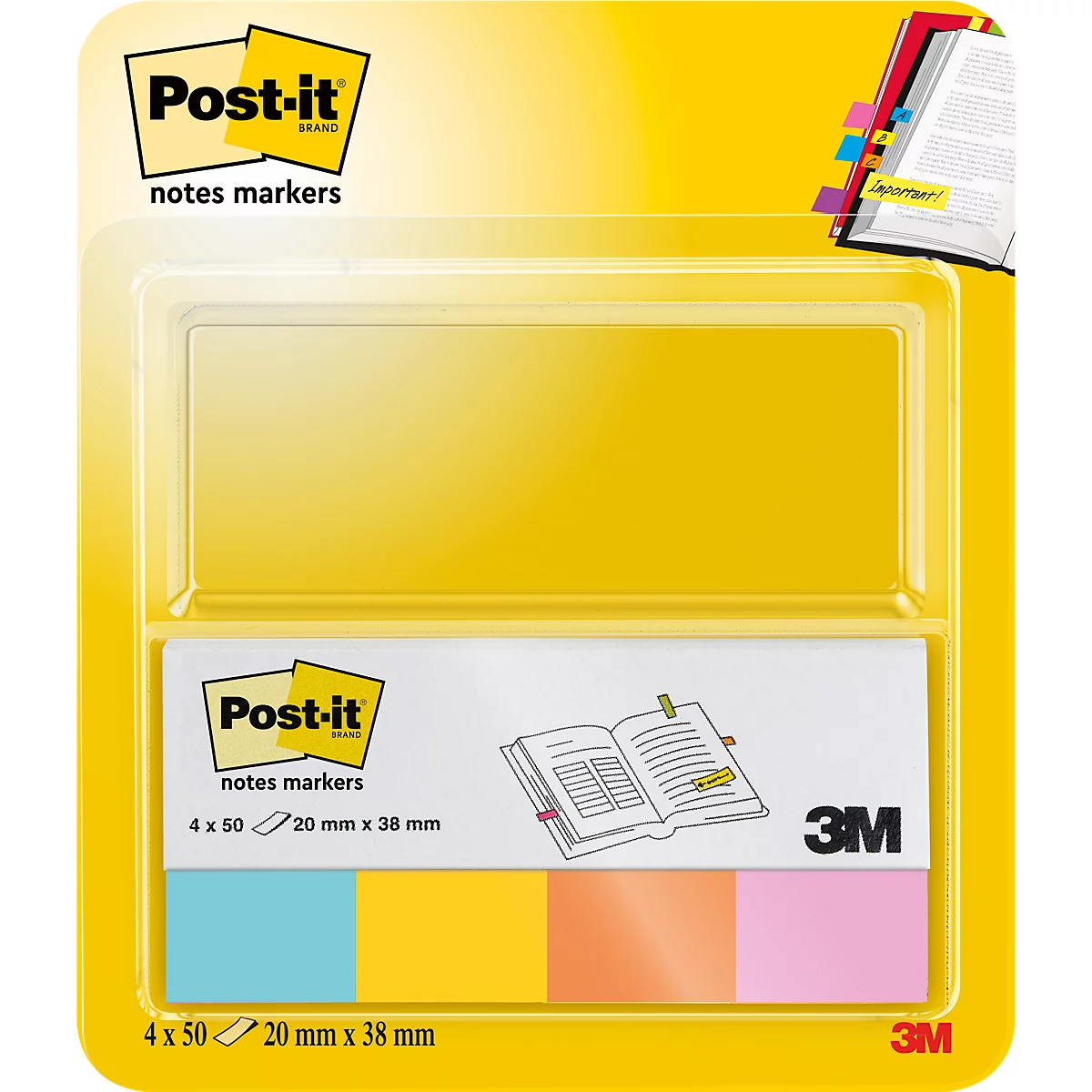 Yellow Post-it note marker package, partially transparent, with colorful sticky notes. Logo and text are visible.