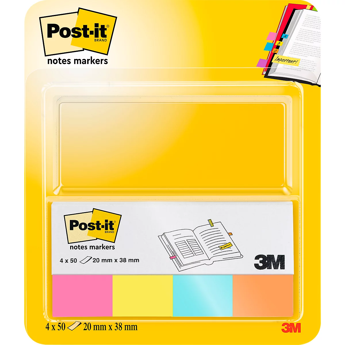 Yellow packaged Post-it notes with colored markers. Prints: Post-it, notes markers, 3M.
