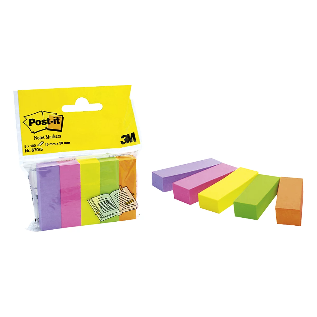 Sticky notes in different colors. Packaged on the left, individual pads on the right.