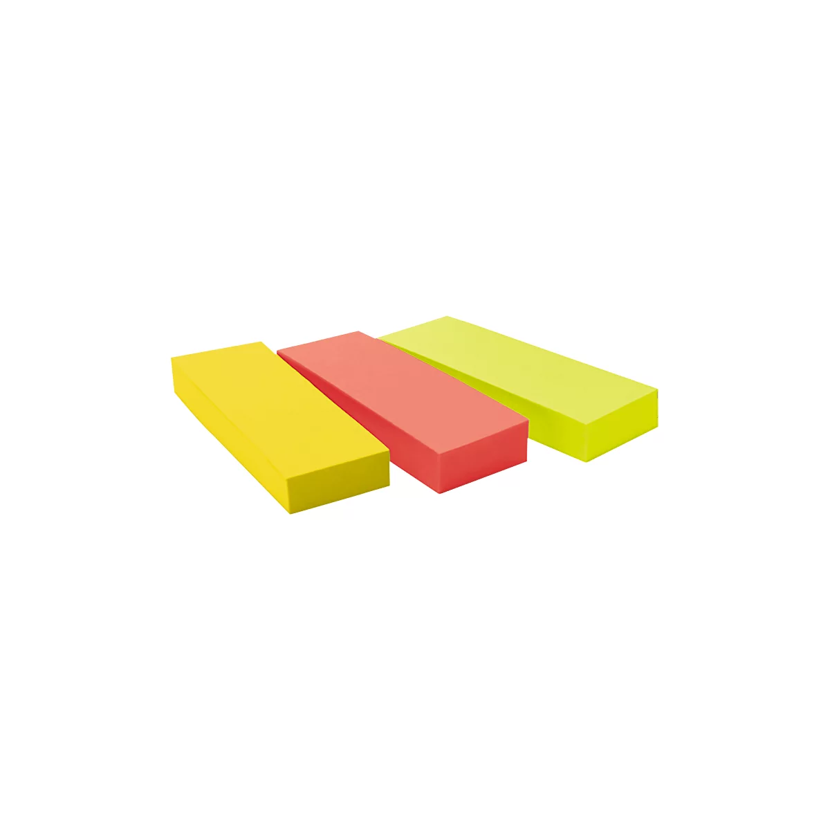Three rectangular sticky notes in yellow, red, and green, slightly overlapping.