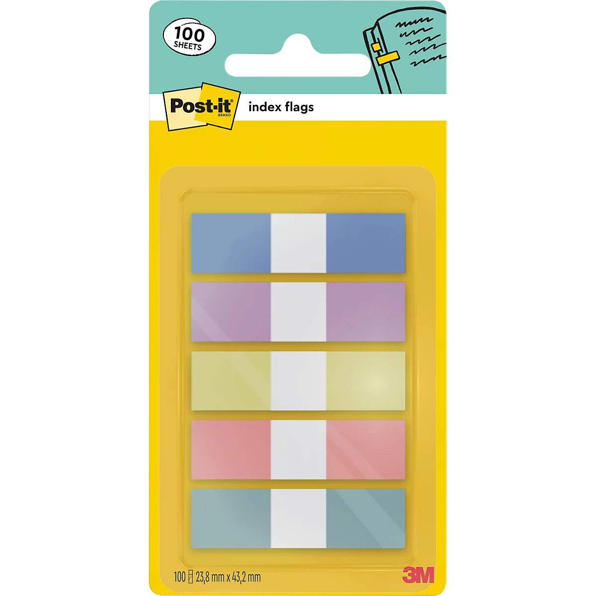 Drapeaux d'index colorés dans un emballage plastique. Bandes bleues, jaunes, roses et vertes, séparées par une bande blanche.