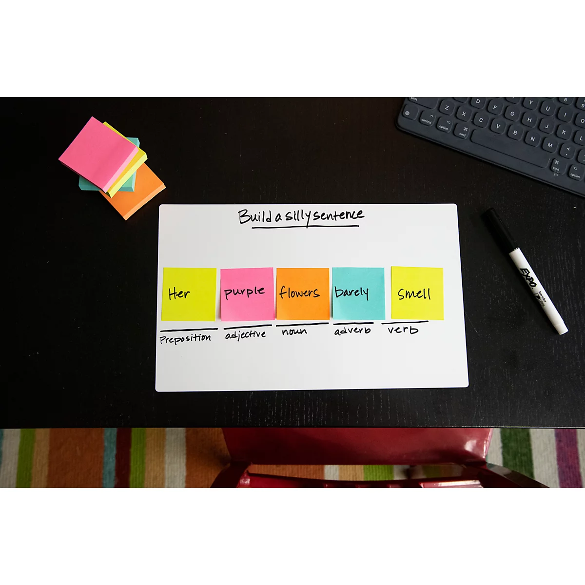 Sur un tableau blanc, des post-it colorés avec les mots : Her, purple, flowers, barely, smell. En dessous se trouvent des types de mots : préposition, adjectif, nom, adverbe, verbe.