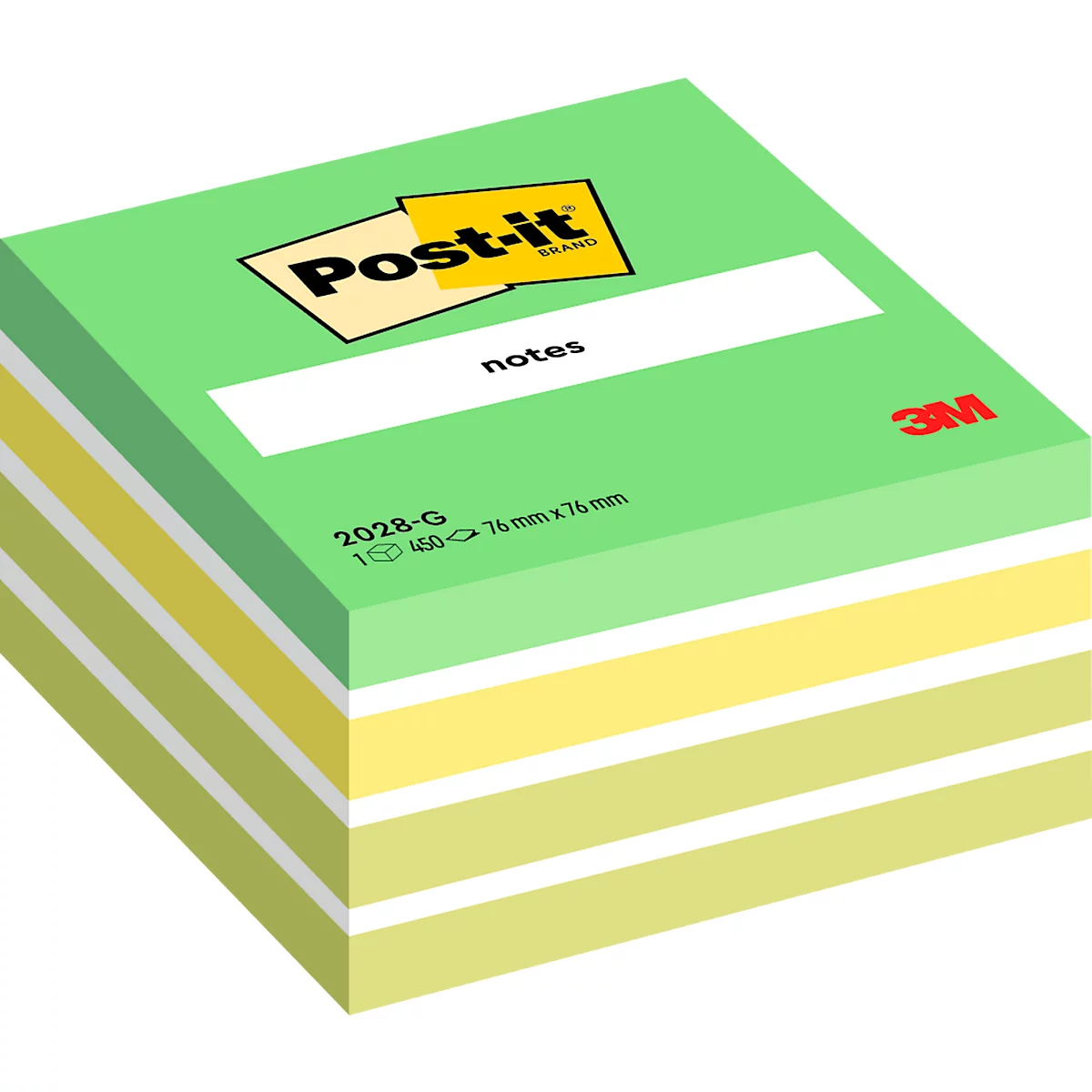 Ein grüner Post-it-Block mit gelben und weißen Streifen. Oben steht "Post-it", darunter "notes". Aufschrift: 3M, 76 mm x 76 mm.