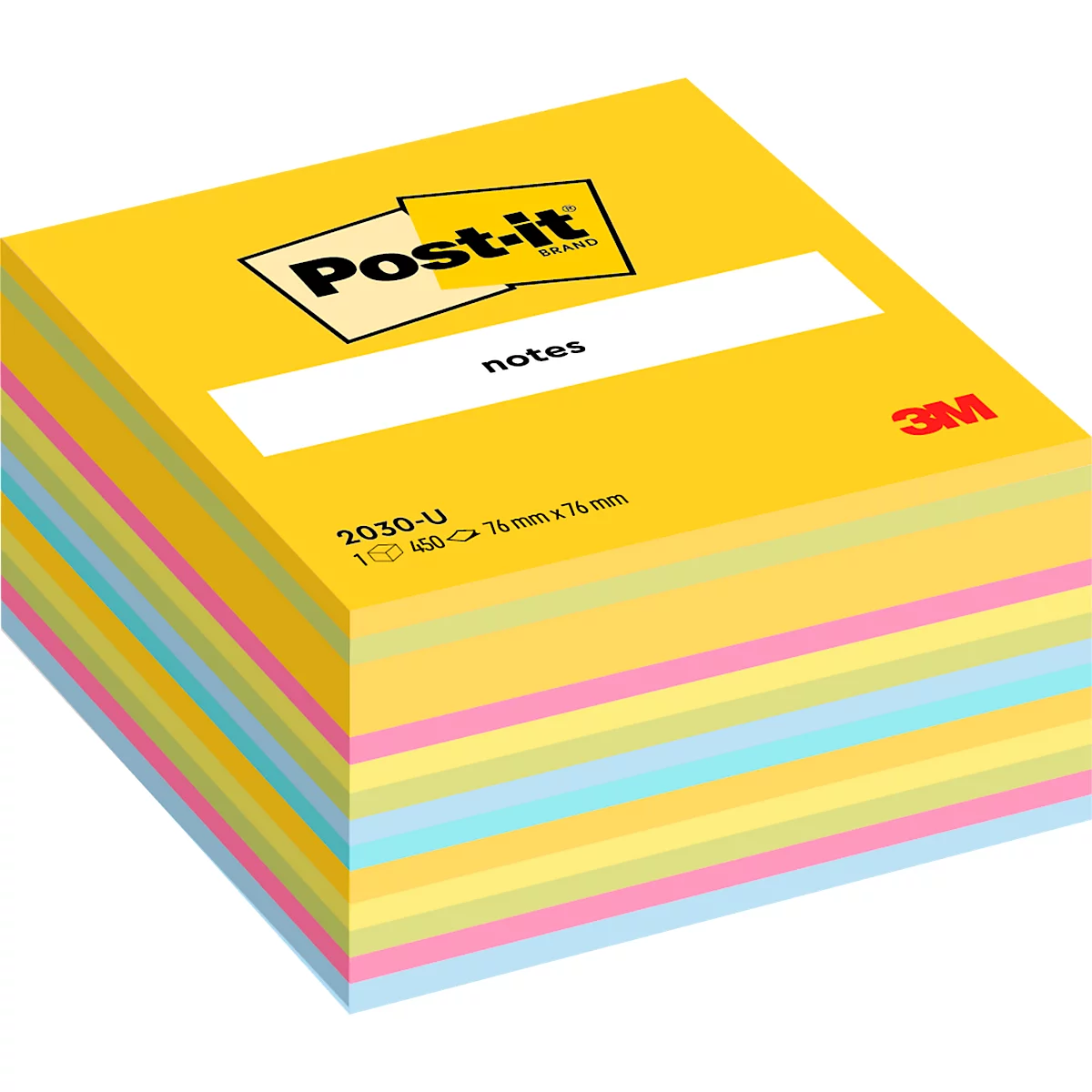 Gelber Post-it-Block mit farbigen Zetteln. Aufschrift "Post-it", "notes", "3M" und weitere Informationen.