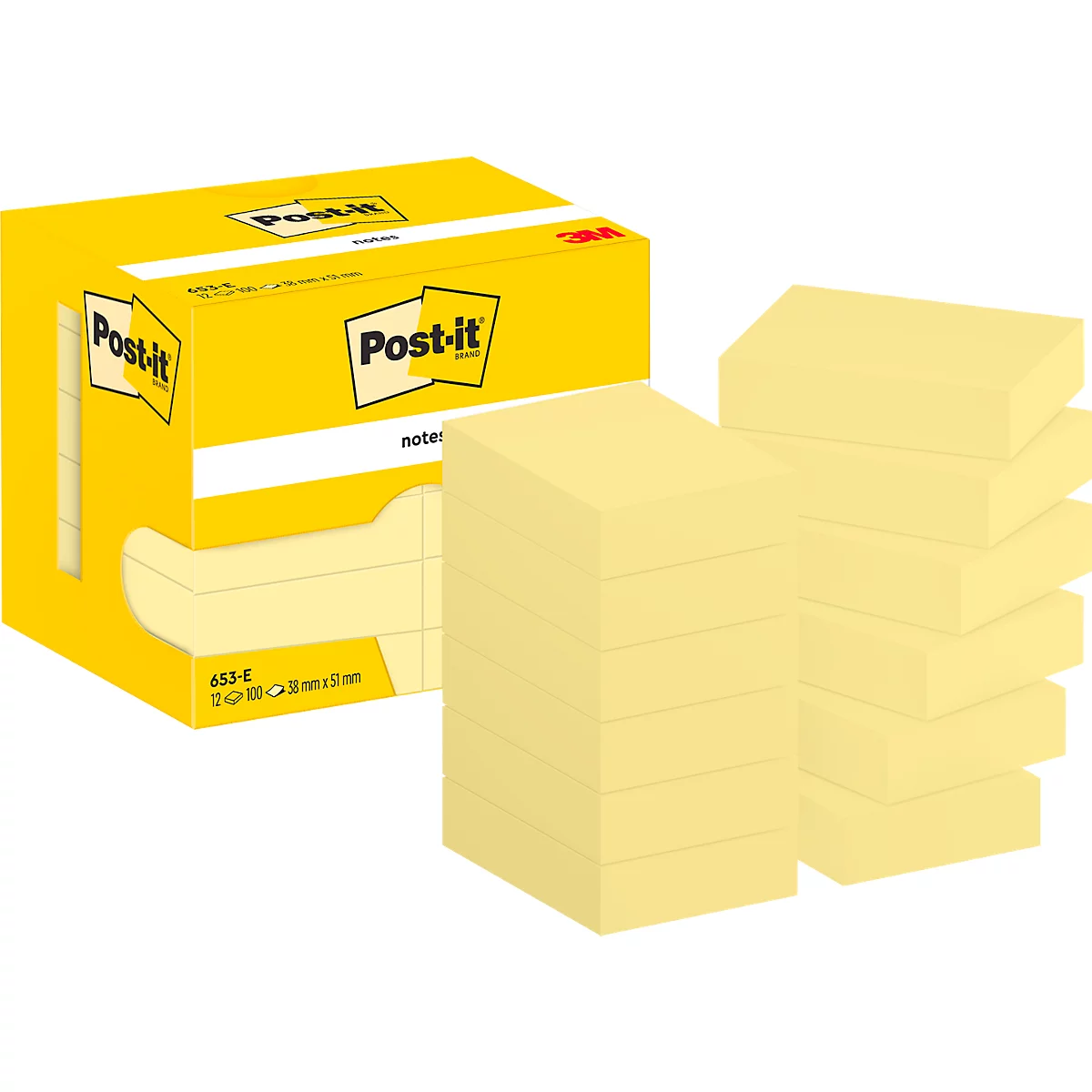POST-IT Haftnotizen 653, 51 x 38 mm, selbsthaftend, wiederablösbar, cellophanfrei verpackt, 12 x 100 Blatt, gelb