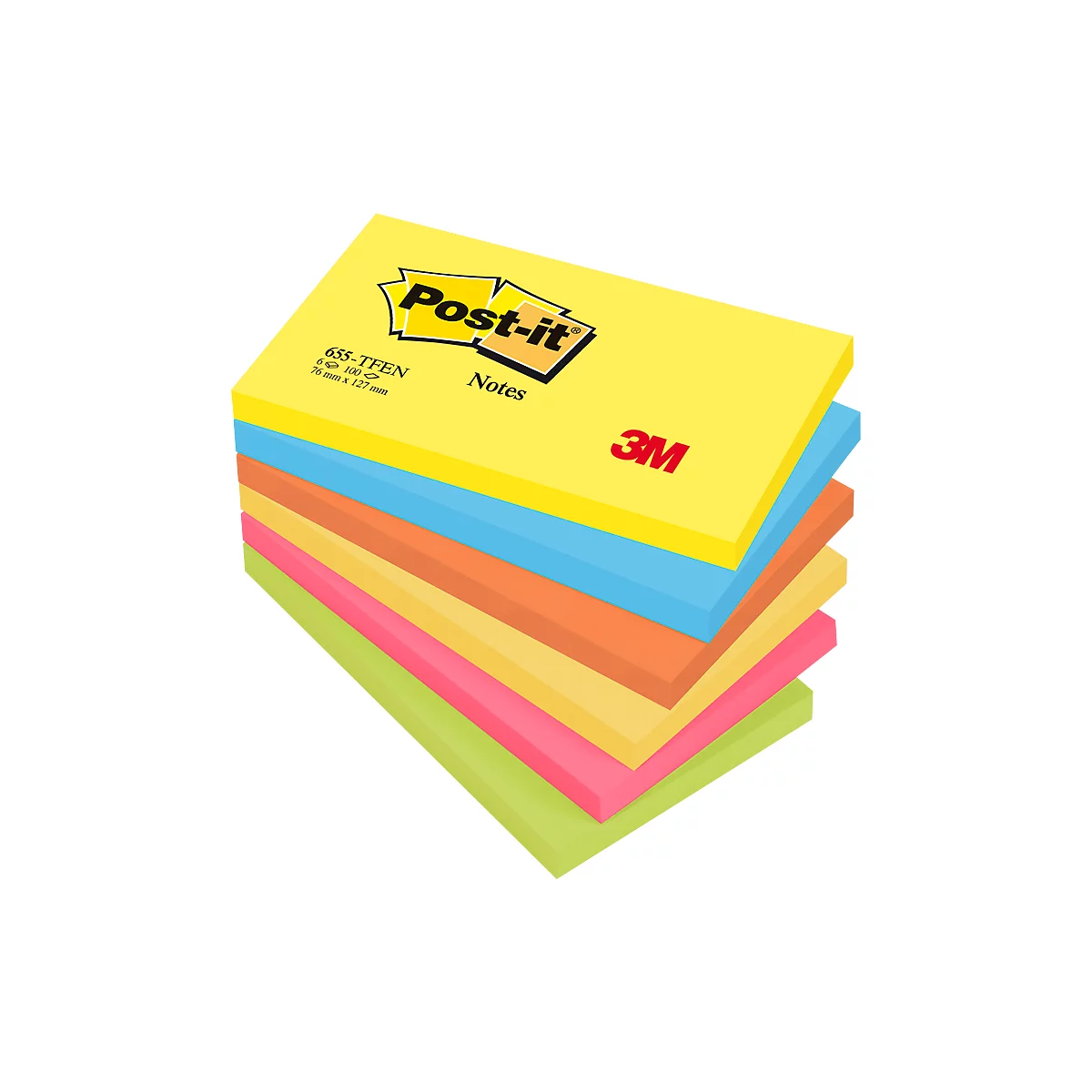 POST-IT Haftnotizen Notes 622-12SS-COS, 127 x 76 mm, wiederablösbar, cellophanfrei verpackt, farbsortiert, 6 x 100 Blatt