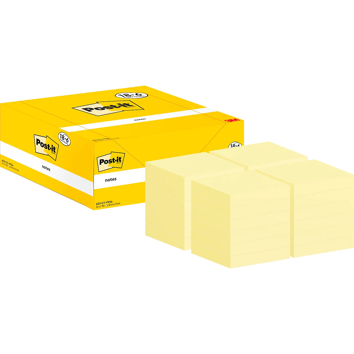 Gelbe Post-it-Notizen und eine Schachtel mit dem Post-it-Logo. Stapel von gelben Blöcken, ein Teil der Schachtel im Hintergrund.