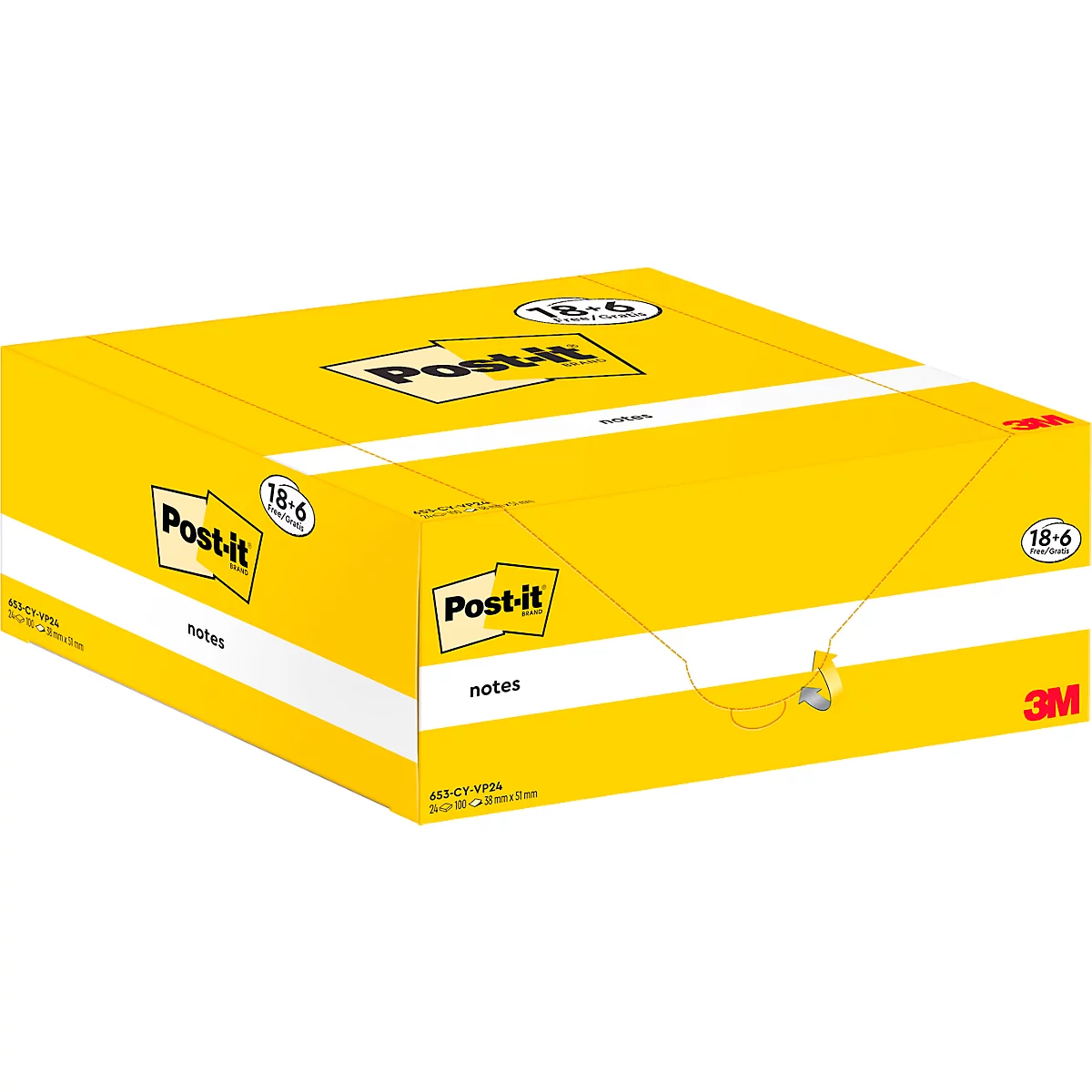 Gelbe Post-it-Notizen Verpackung mit „Post-it“ und „18-6“ Aufdrucken.