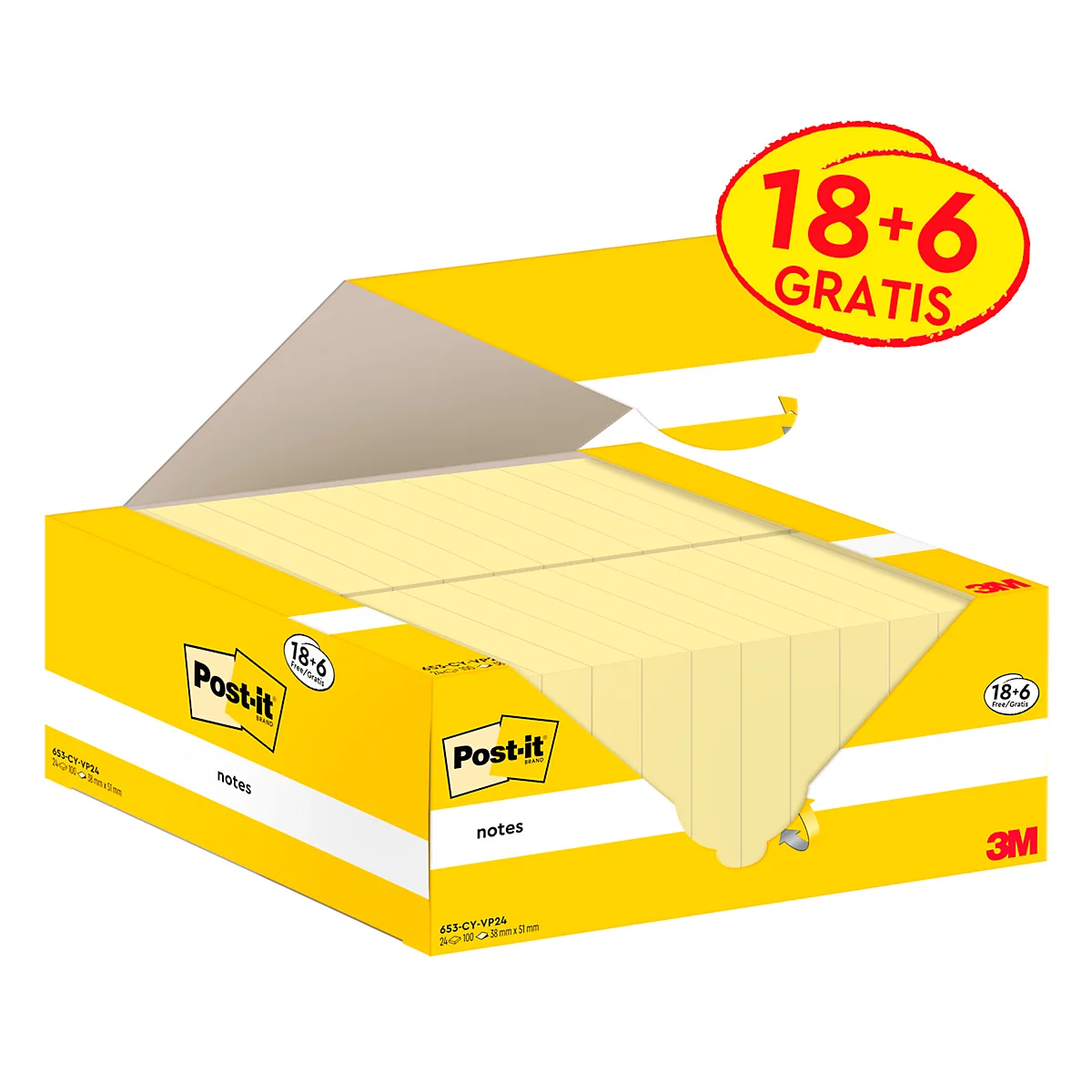 Gelbe Post-it-Notizen in einem Karton. Aufdruck: Post-it, notes, 18-6 und 3M-Logo.