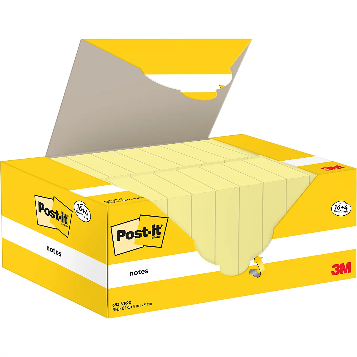 Gelbe Post-it-Notizen in einem Karton. Der Karton ist geöffnet, und die Notizblöcke sind sichtbar. Auf der Verpackung steht "Post-it" und "3M".