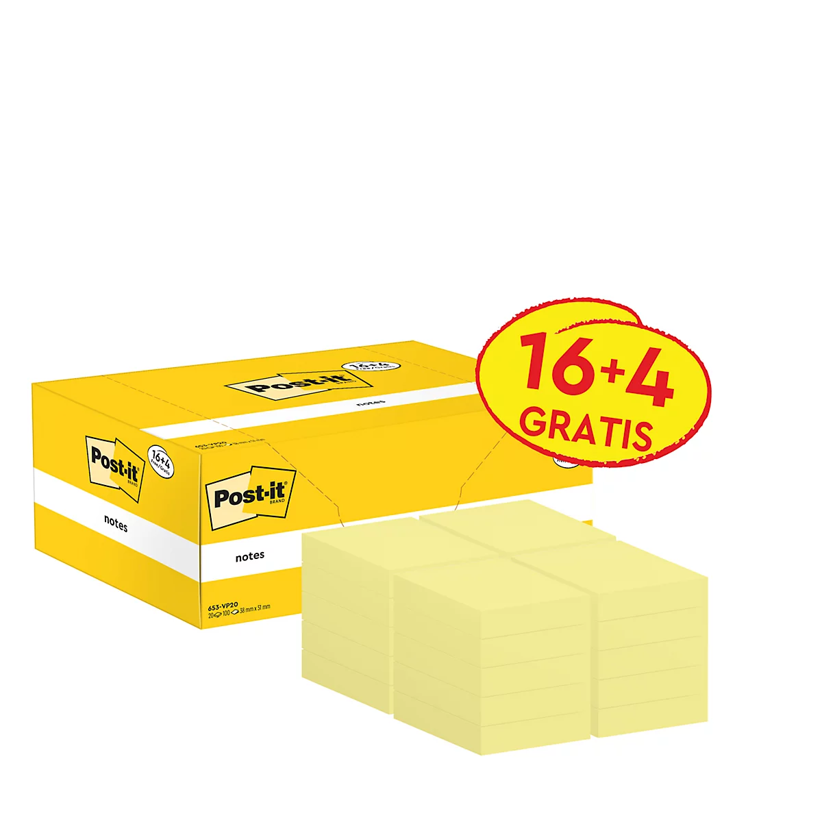 Gelbe Post-it-Notizen in einem gelben Karton mit offenem Deckel. Die Notizen sind teilweise sichtbar und die Marke "Post-it" ist erkennbar.