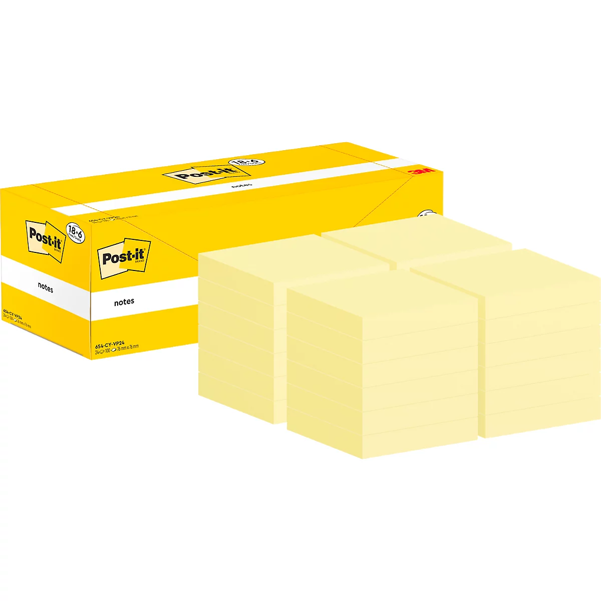 Gelbe Post-it-Notizen, rechts daneben ein gelber Karton. Auf dem Karton steht "Post-it".