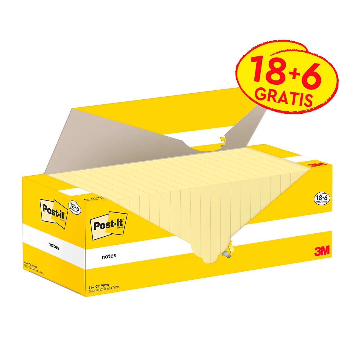 Gelber Post-it-Block in einer Verpackung mit dem Hinweis "18+6 GRATIS". Aufdrucke: "Post-it", "notes", "3M".