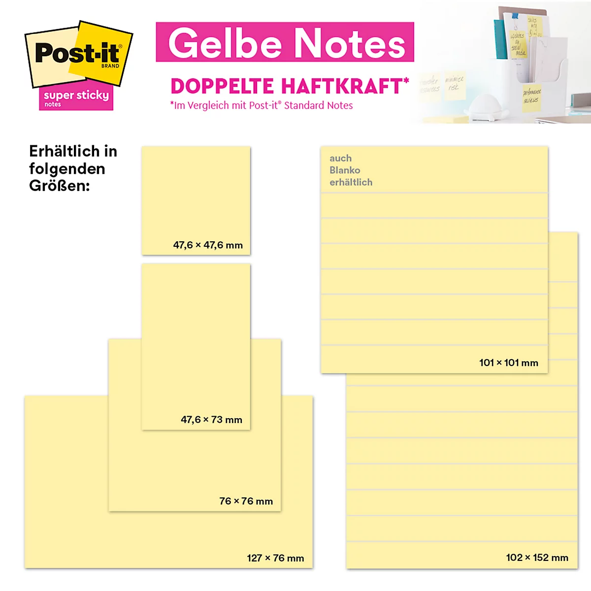 Gelbe Post-it Notes in verschiedenen Größen. Aufschrift: "Gelbe Notes - Doppelte Haftkraft".