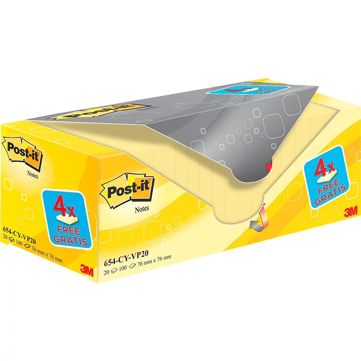 Gelbe Post-it-Notizblockbox mit "Post-it" Logo und Aufschrift "4x GRATIS".
