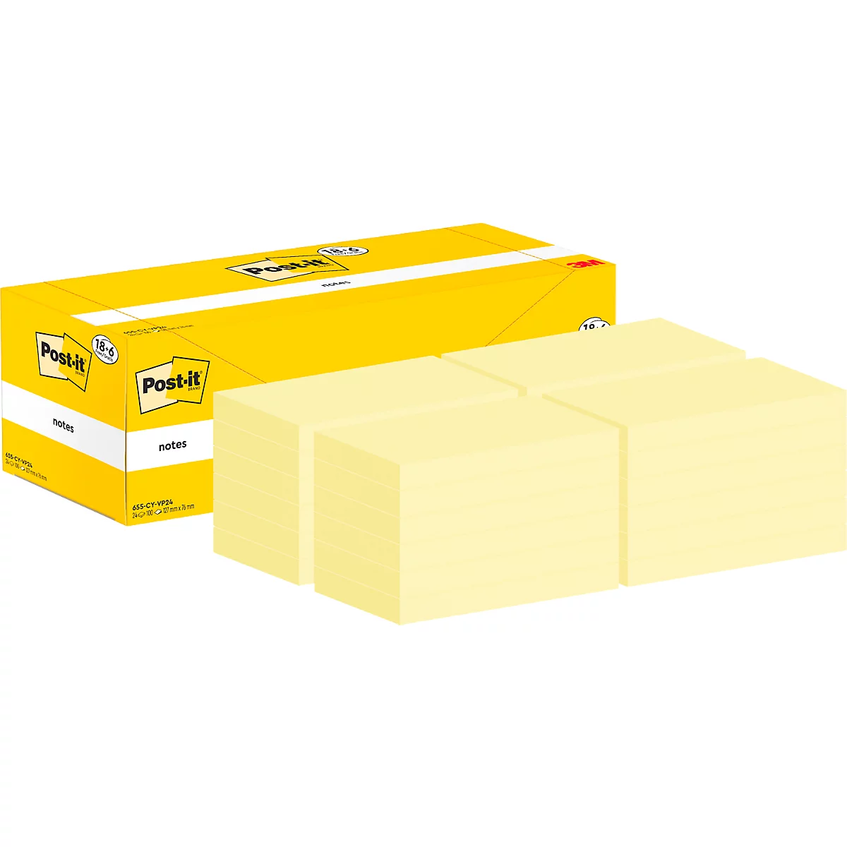 Gelbe Post-it Haftnotizen und eine Verpackung mit Post-it Logo.