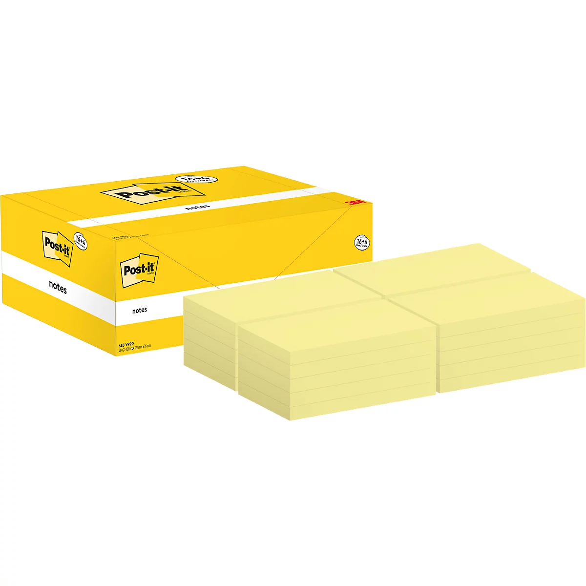 Gelbe Post-it-Zettel auf weissem Hintergrund, links ein Karton, der "Post-it"-Notizen enthält.