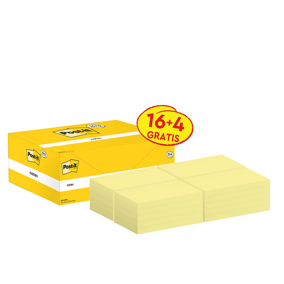 Gelbe Post-it-Notizen, neben einem geöffneten Karton auf weissem Hintergrund.
