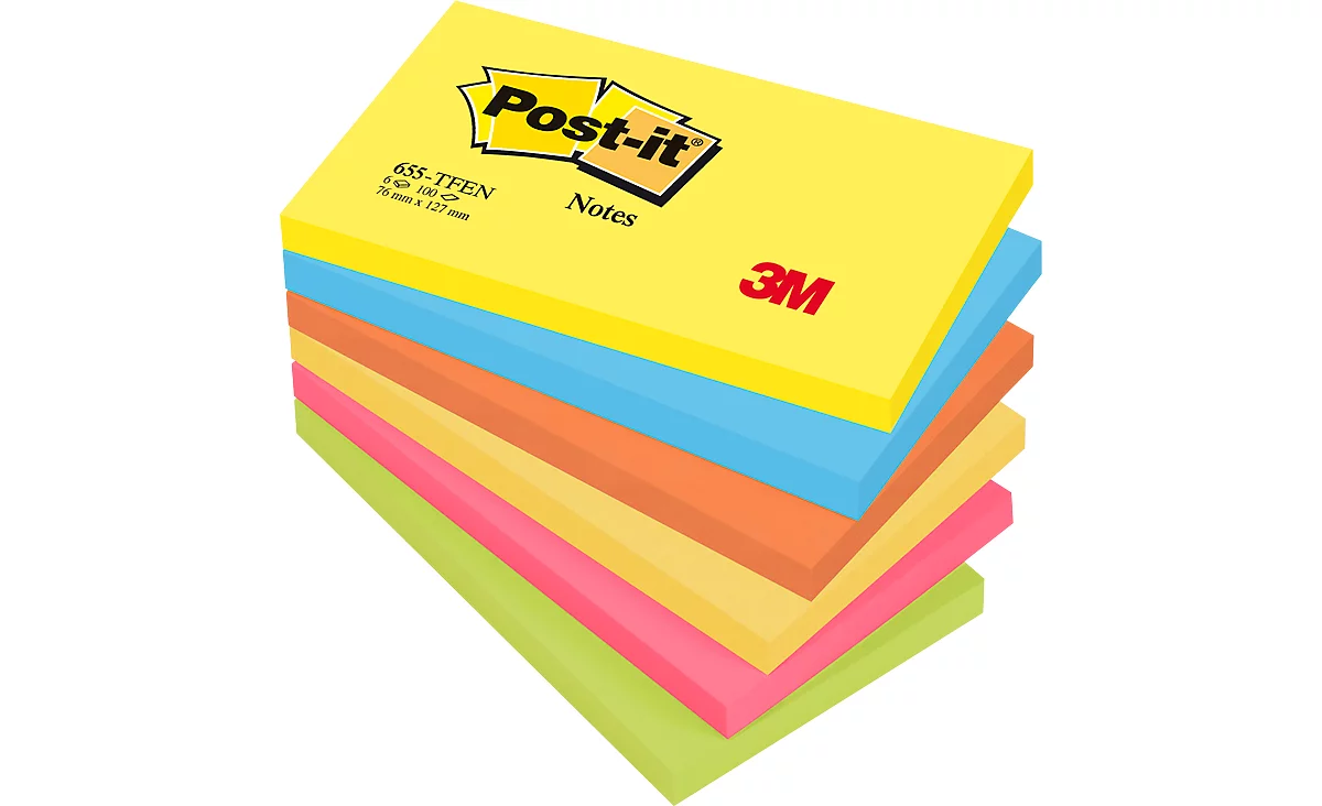 POST-IT Haftnotizen Notes, farbig sortiert, 127 mm x 76 mm, 6er Pack, 5 Farben