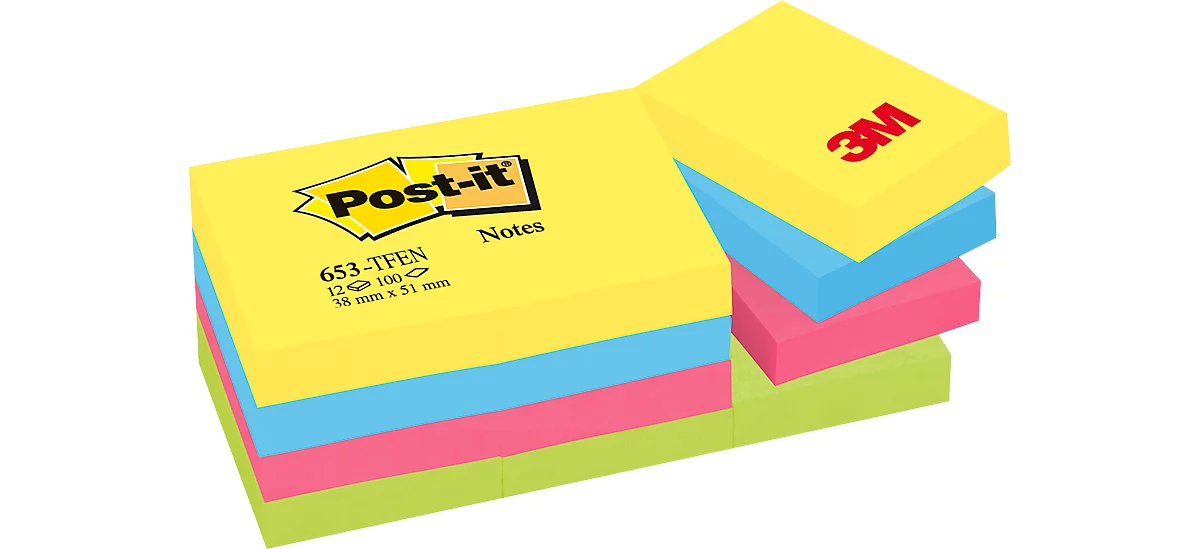 POST-IT Haftnotizen Notes, farbig sortiert, 51 mm x 38 mm, 12er Pack, 4 Farben
