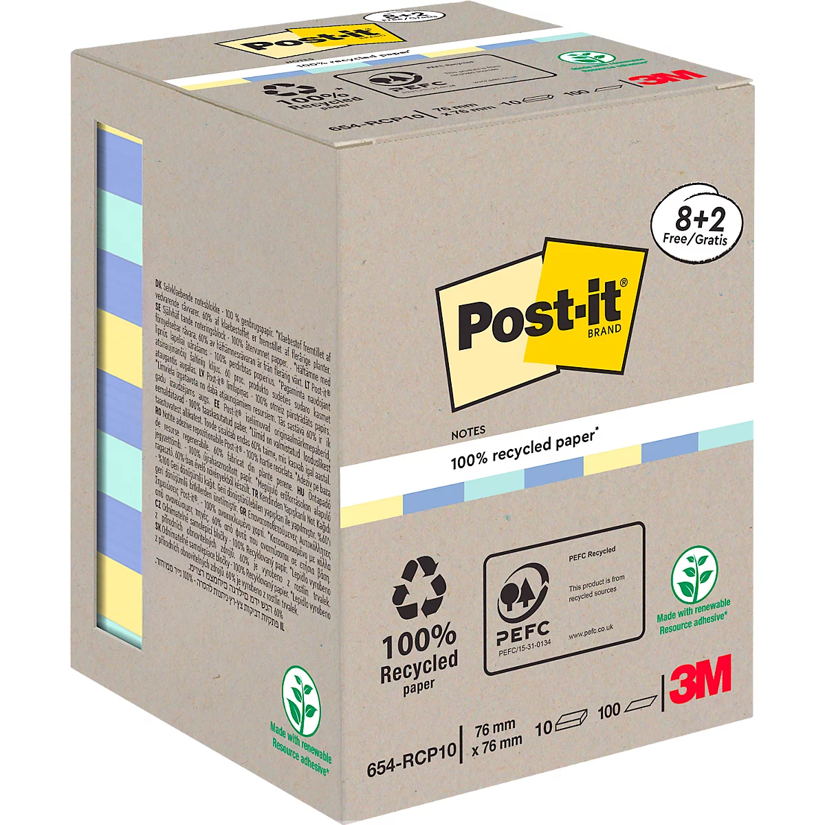 Ein quadratischer Karton mit Post-it Zetteln in Pastellfarben. Auf der Verpackung stehen Informationen über Recyclingpapier und die Marke Post-it.