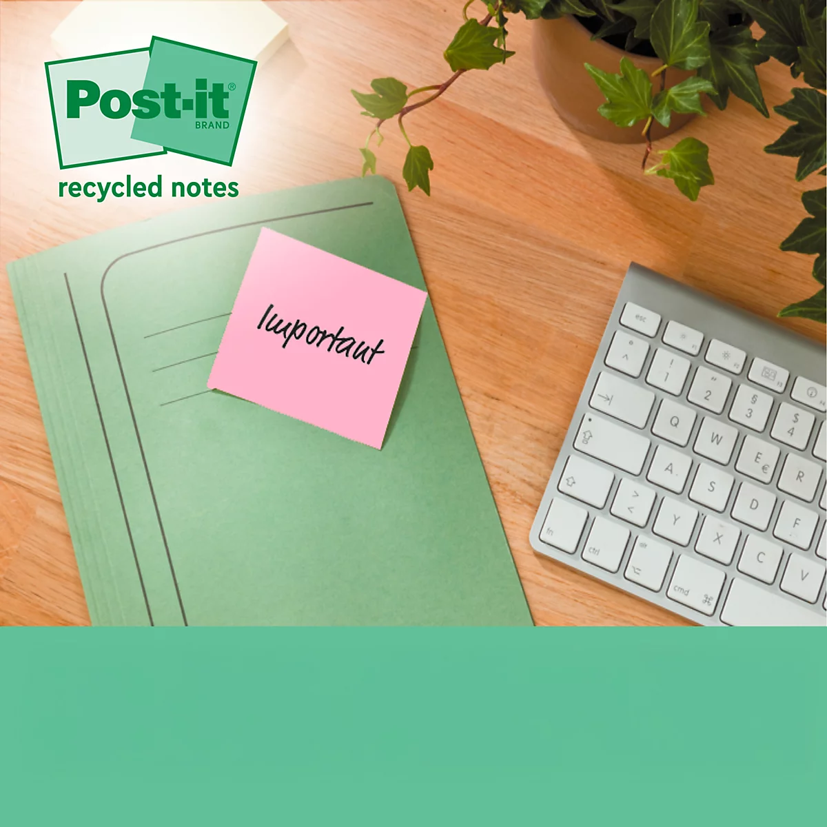 Ein pinkfarbener Post-it-Zettel mit dem Wort "Important" klebt auf einem grünen Ordner. Dahinter eine Tastatur, eine Pflanze und das Post-it-Logo.