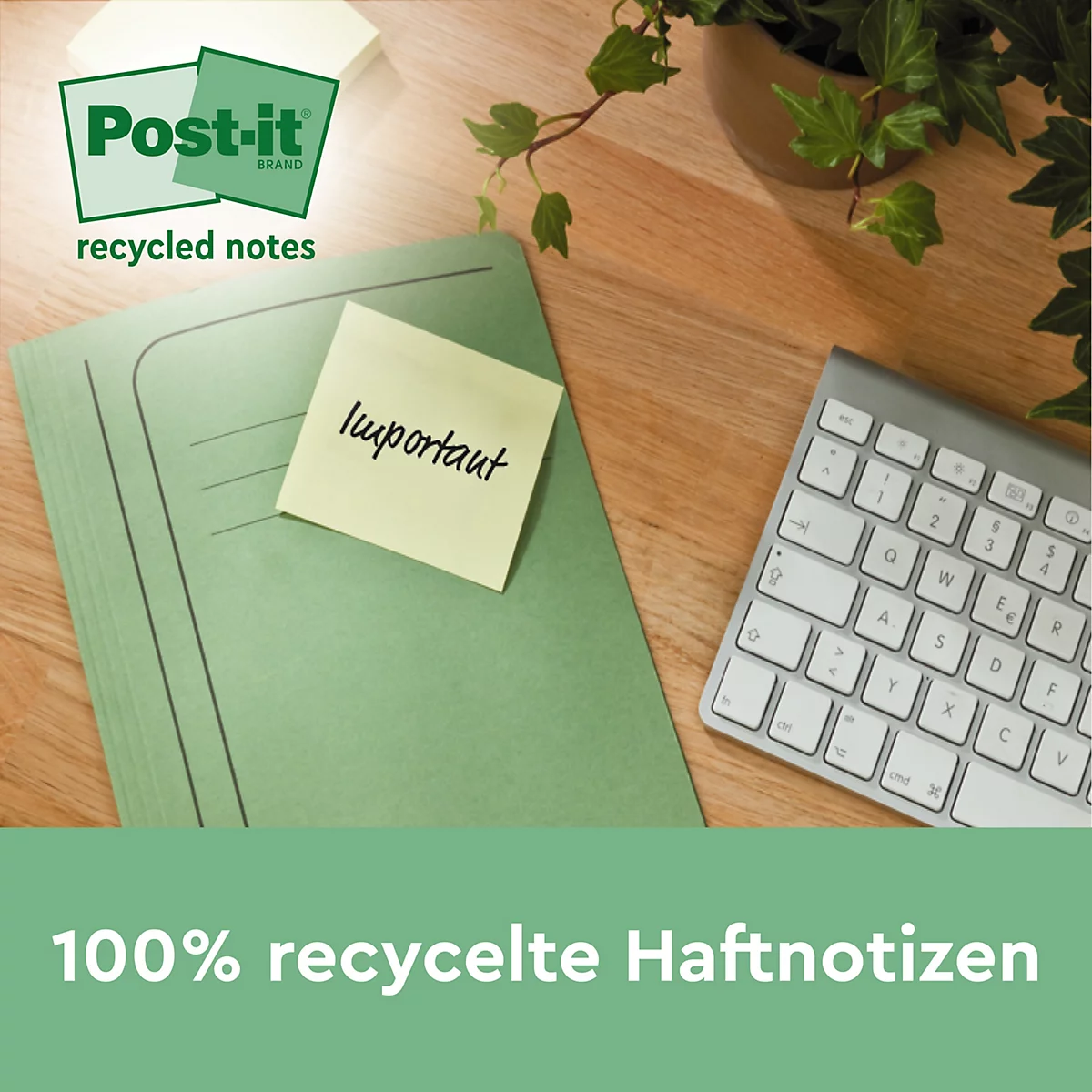 Gelber Post-it-Zettel mit handschriftlichem "Important" auf einer grünen Mappe. Daneben Tastatur und Pflanze.
