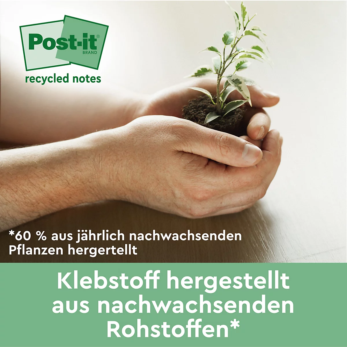 Hände halten eine kleine Pflanze, Text: Post-it recycled notes, Klebstoff aus nachwachsenden Rohstoffen.