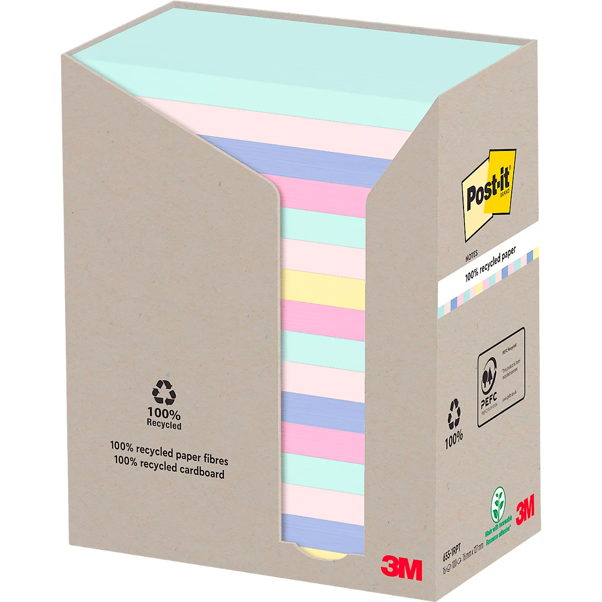 Bunt kariertes Post-it-Notizpapier in einem Karton. Der Karton ist braun und trägt das Logo des Herstellers 3M.