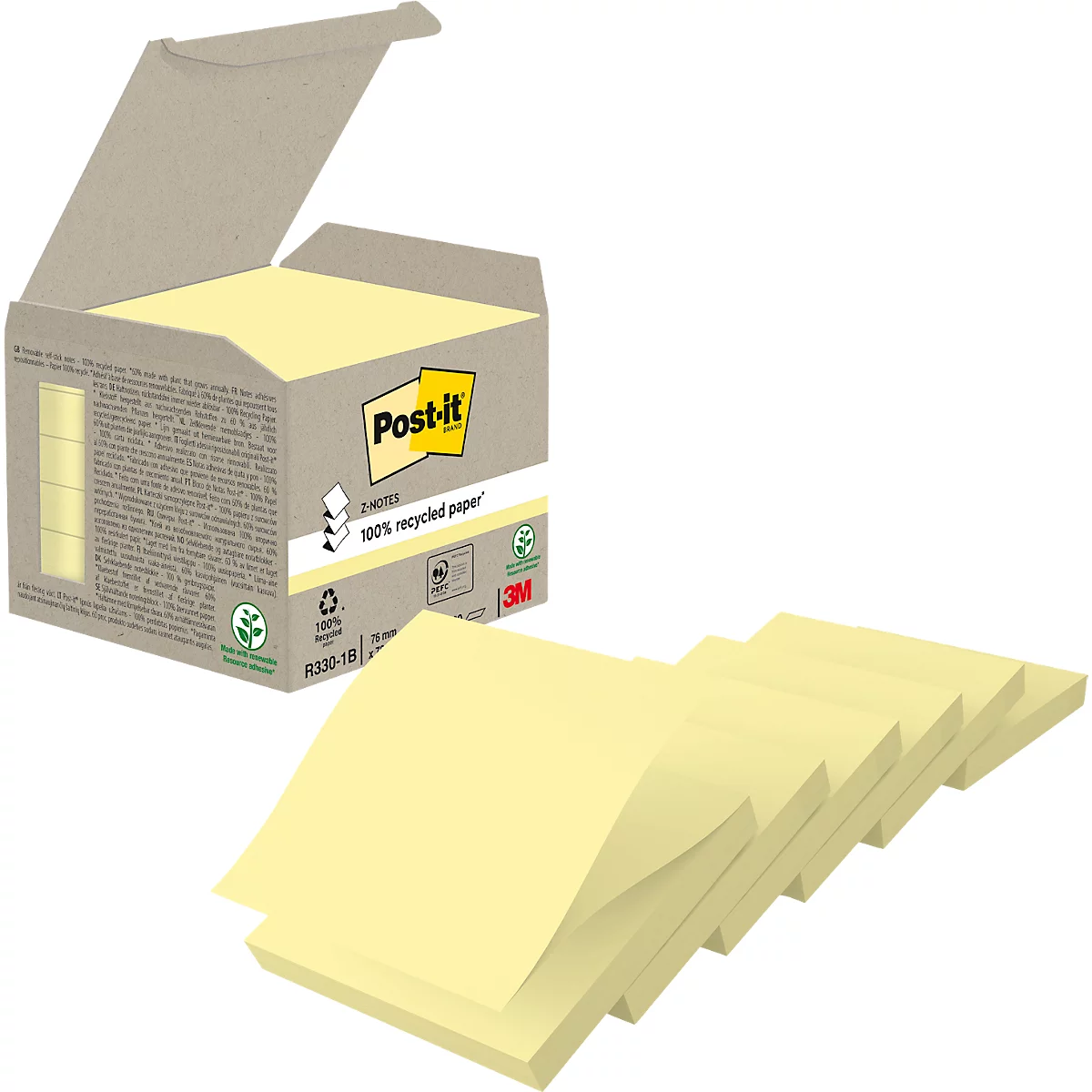 Hellgelbe Post-it-Notizen in Schachtel und gestapelt. Aufschrift 'Post-it' und '100% recyceltes Papier'.
