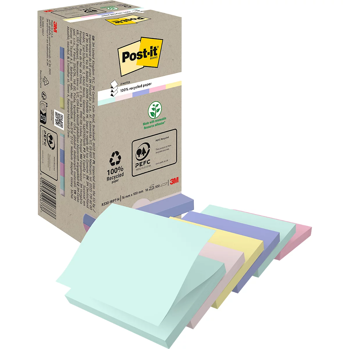 Post-it-Notizblock mit verschiedenen farbigen Zetteln und einer Kartonverpackung, die den 100% Recyclingpapier-Anspruch hervorhebt.