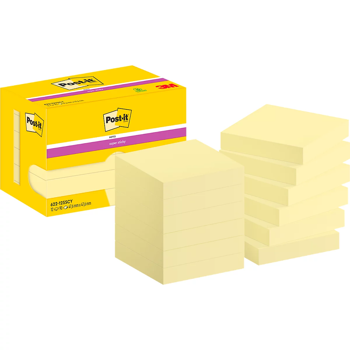 POST-IT Haftnotizen Super Sticky Notes 622-12SSCY, 51 x 51 mm, wiederablösbar, cellophanfrei verpackt, kanariengelb, 12 x 90 Blatt