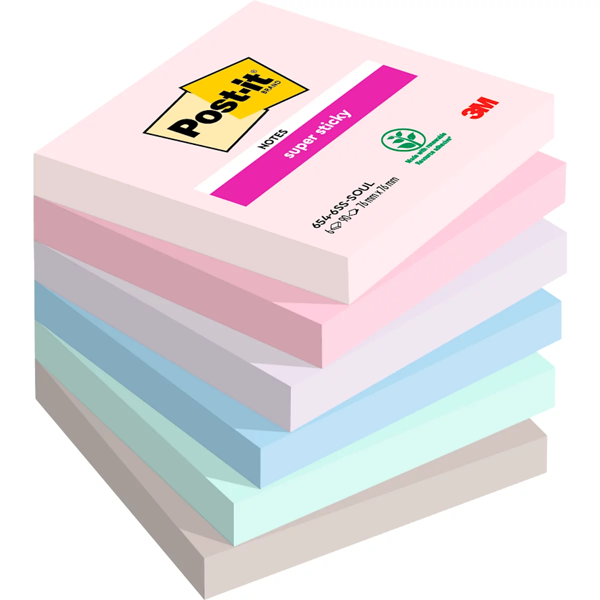 Ein Stapel verschiedenfarbiger Post-it-Zettelblöcke. Der oberste Block ist rosa mit Aufdruck, darunter rosa, hellblau, hellgrün und beige Blöcke.