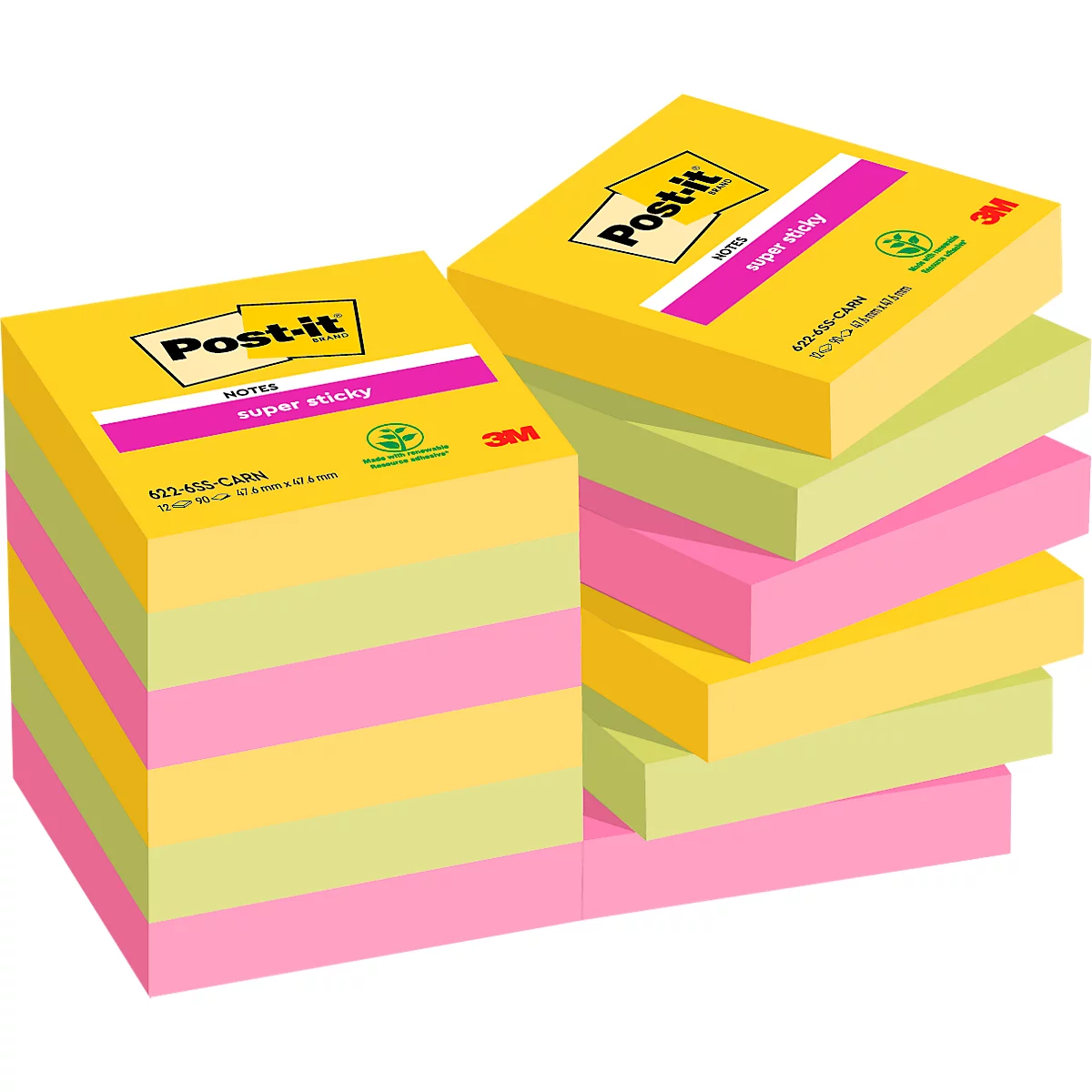 POST-IT Haftnotizen Super Sticky Notes Carnival 622-6SS-CARN, 48 x 48 mm, wiederablösbar, cellophanfrei verpackt, farbig, 12 x 90 Blatt