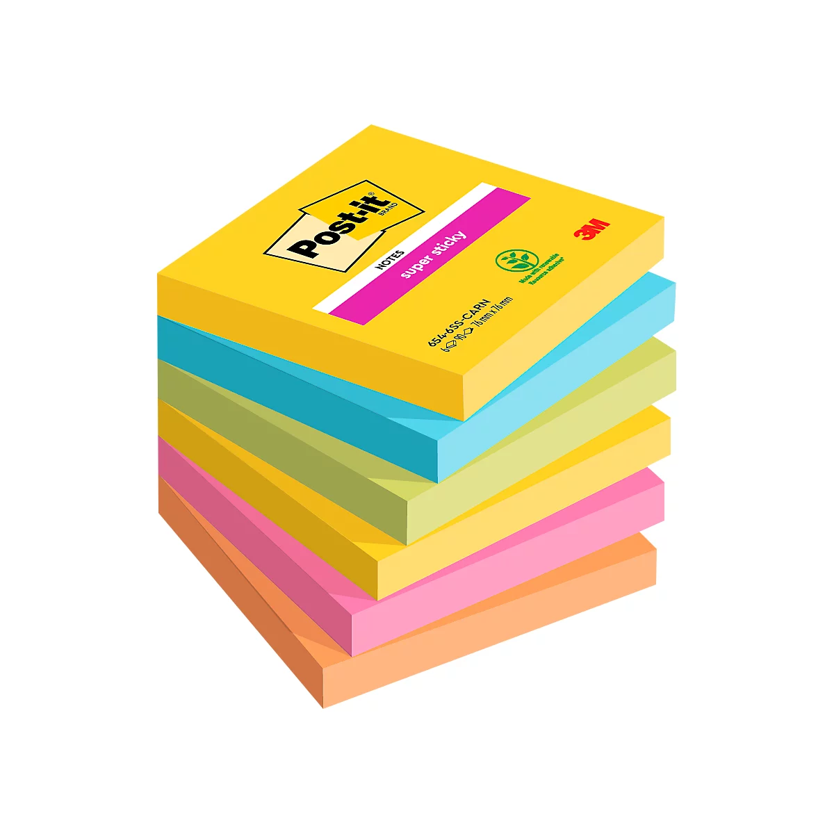 POST-IT Haftnotizen Super Sticky Notes Carnival 654-6SS-CARN, 76 x 76 mm, wiederablösbar, cellophanfrei verpackt, farbig, 6 x 90 Blatt