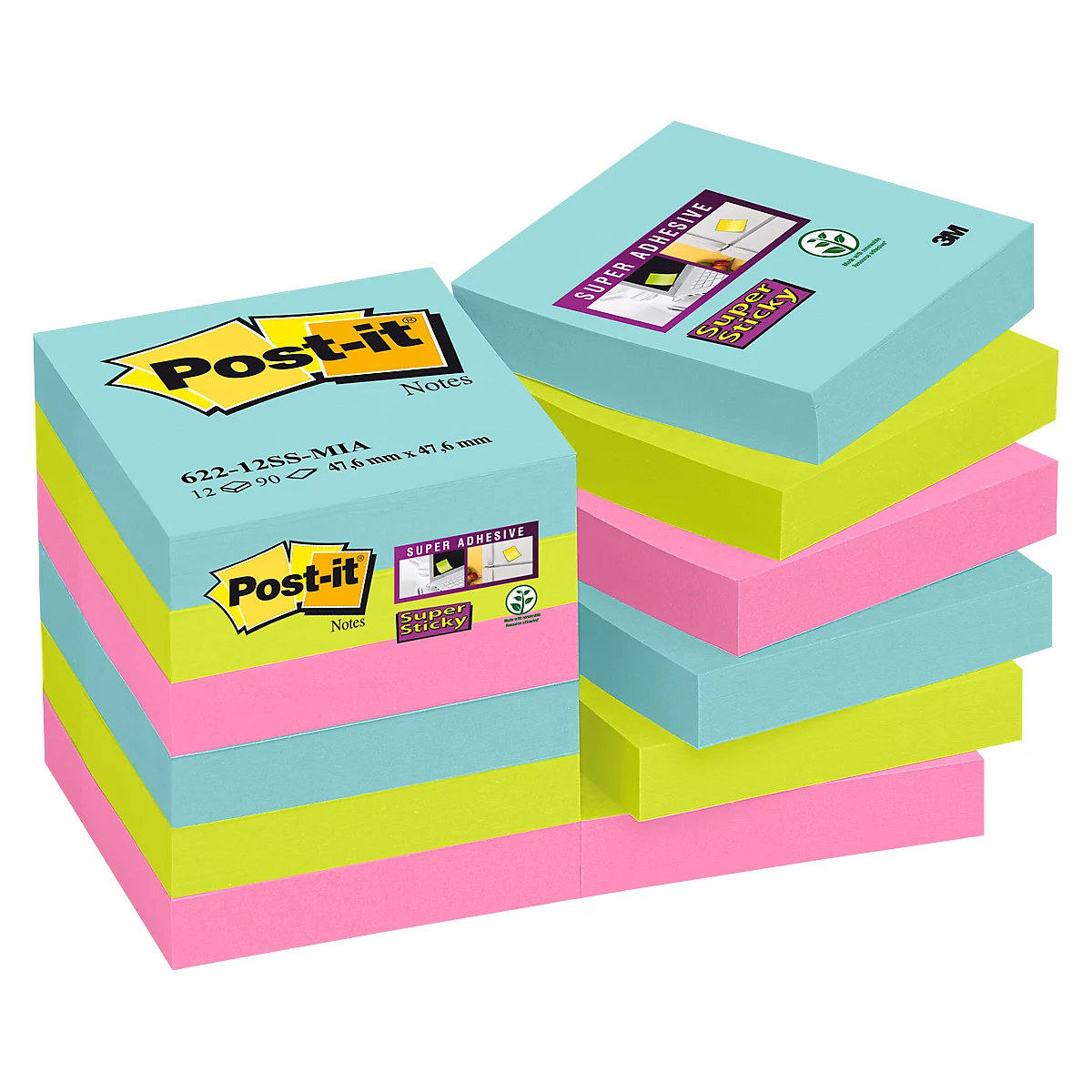 POST-IT Haftnotizen Super Sticky Notes Cosmic 622-12SS-COS, 48 x 48 mm, wiederablösbar, cellophanfrei verpackt, farbig, 12 x 90 Blatt