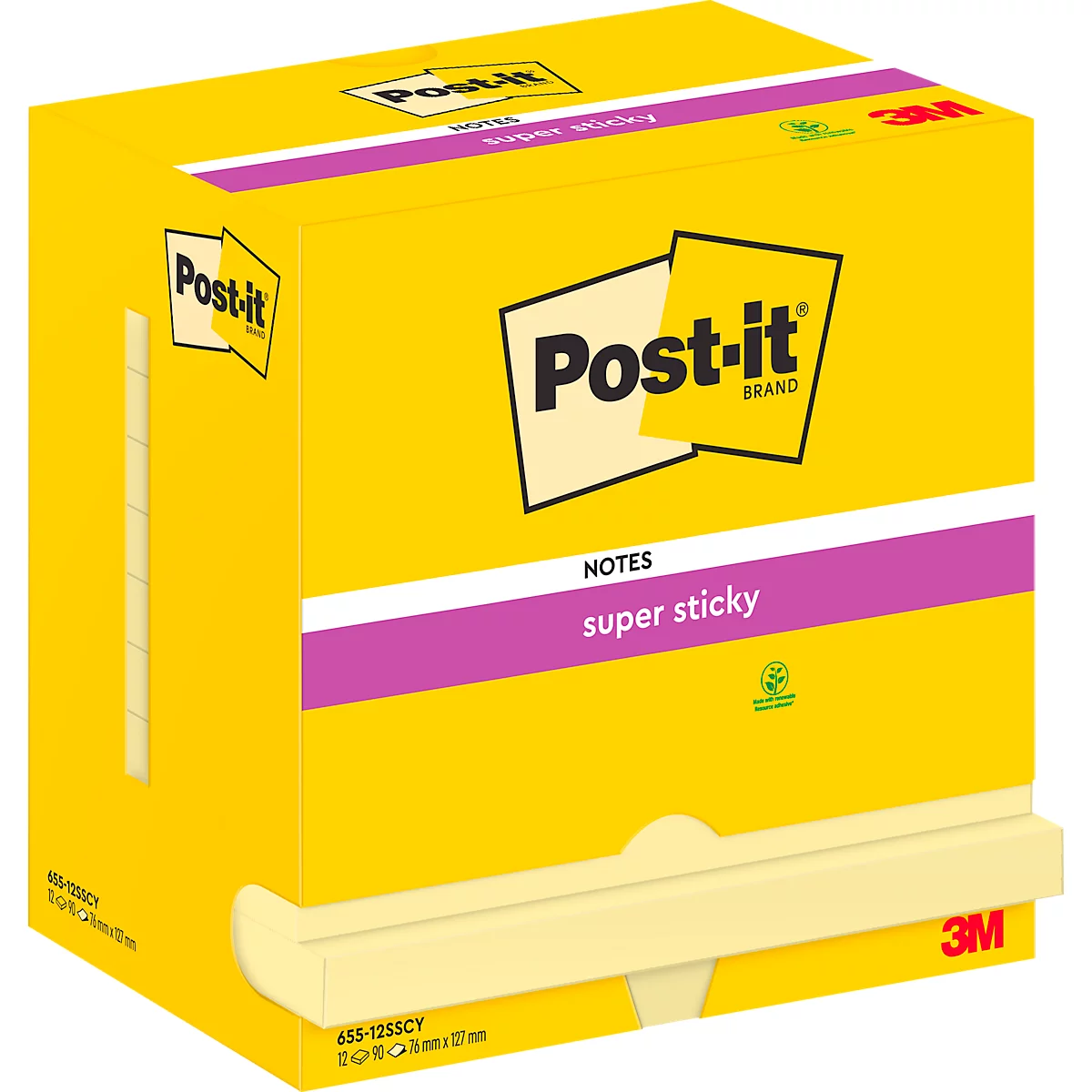 Post-It® Haftnotizen Super Sticky Notes, gelb, 76 x 127 mm, 90 Blatt/Block, 12 Blöcke, in Kartonverpackung
