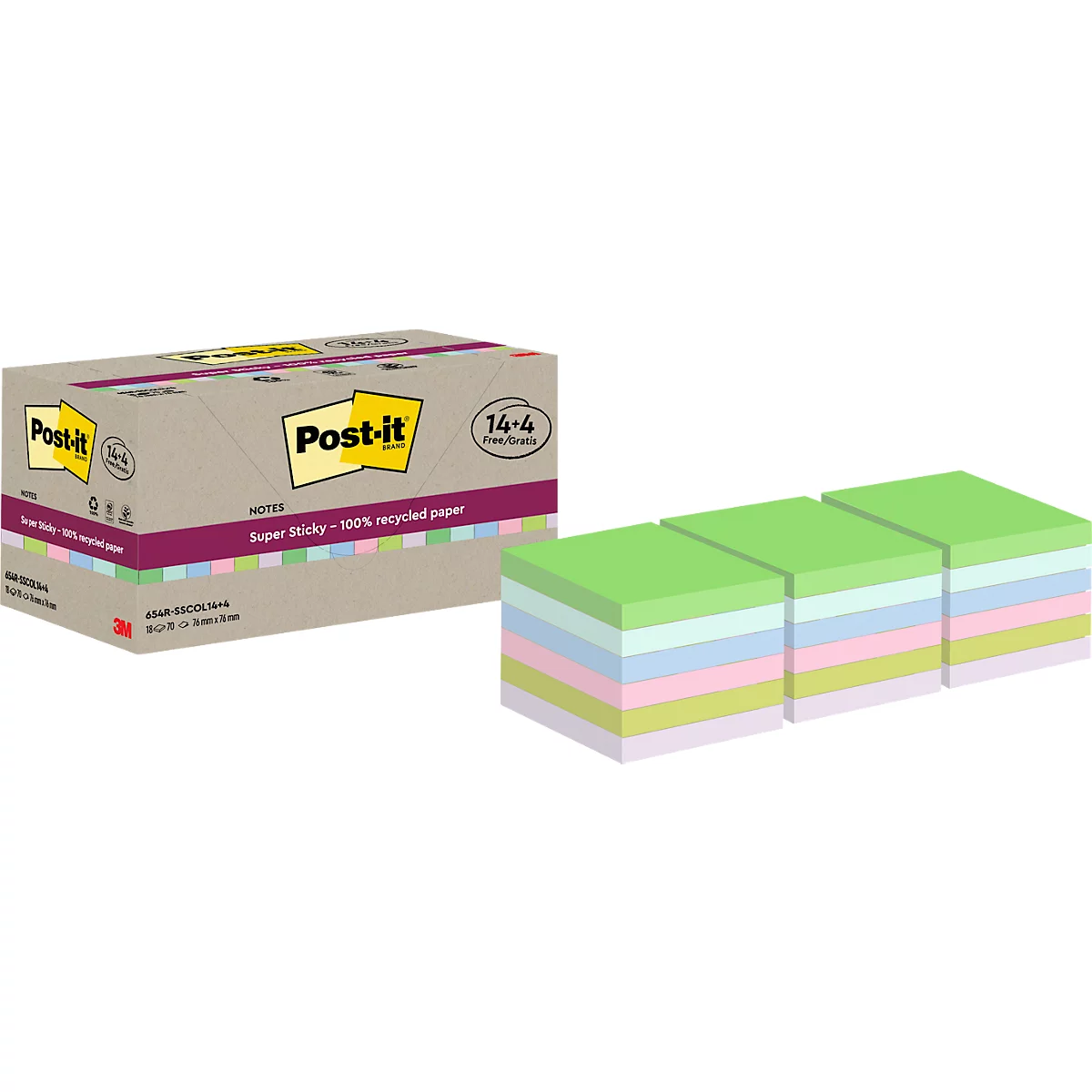 Post-it-Notizblöcke und eine Schachtel mit Notizblöcken. Verschiedene Farben: Rosa, Blau, Gelb und Grün.