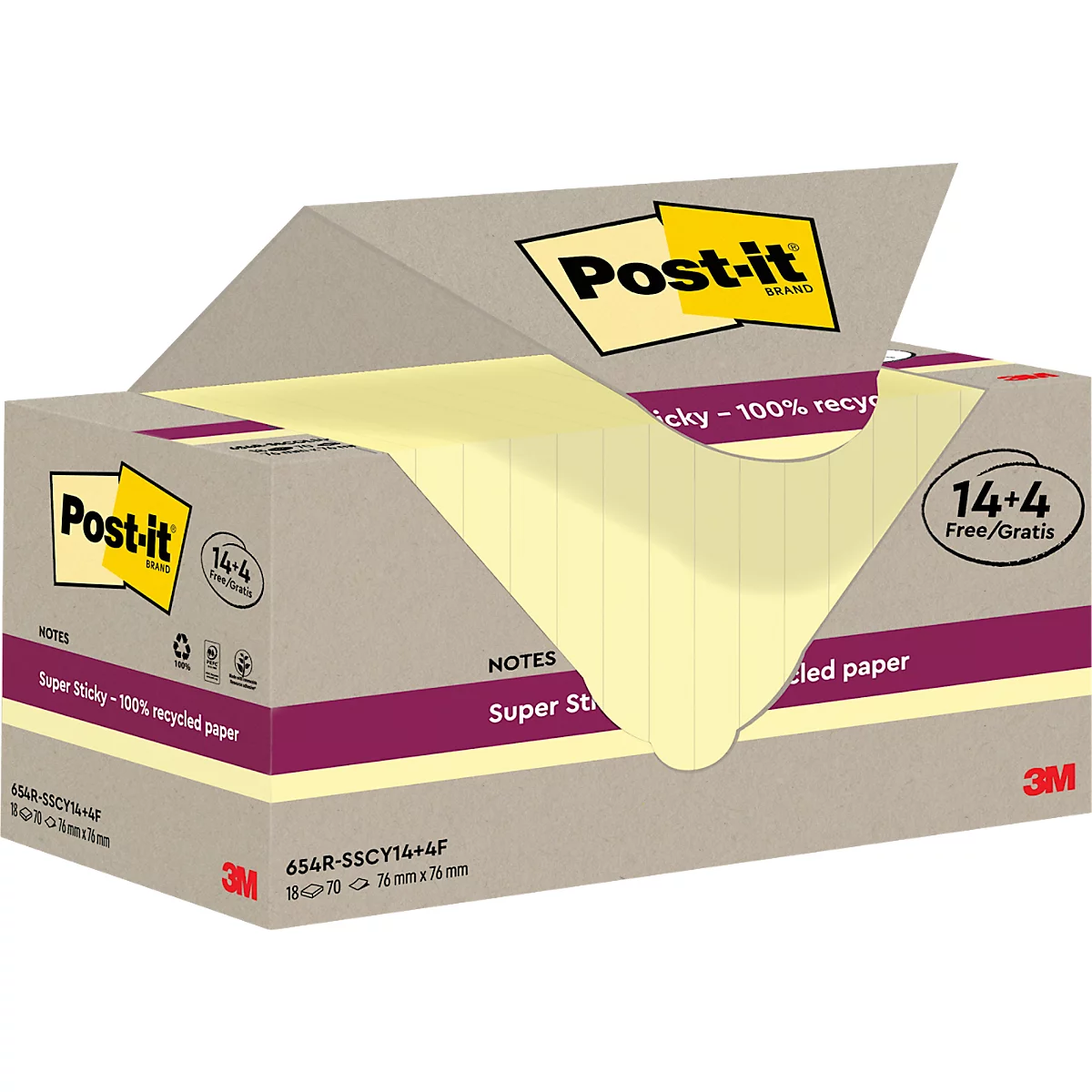 Eine Packung Post-it Haftnotizen, die geöffnet ist und eine Reihe gelber Zettel zeigt. Auf der Packung steht "Post-it" und "Super Sticky".