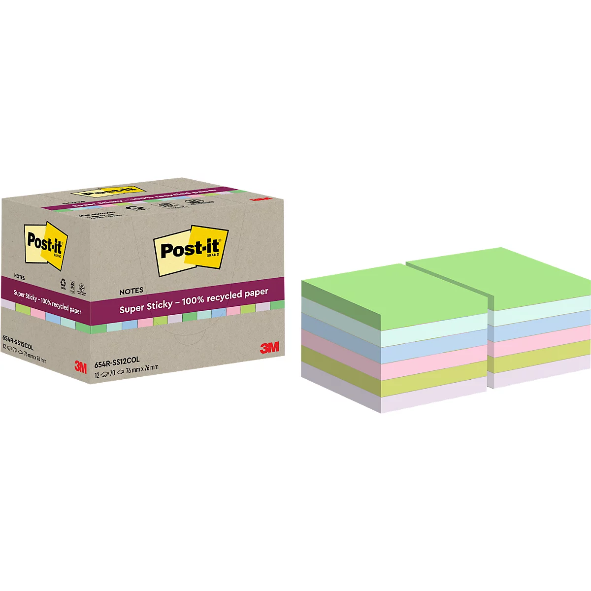 Eine Packung Post-it Haftnotizen und zwei Stapel bunter Haftnotizen.