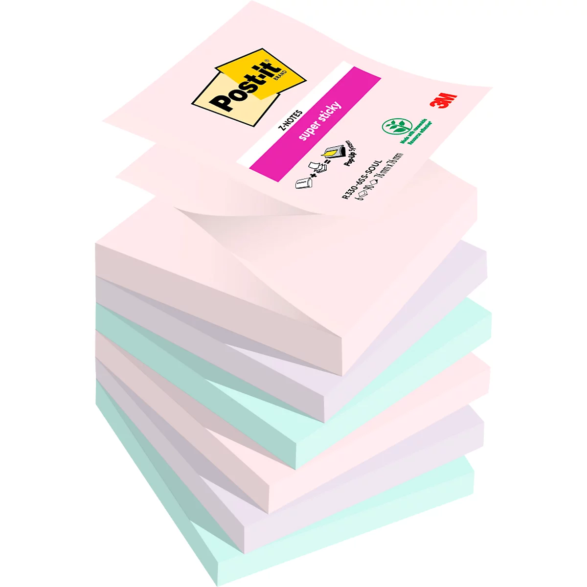 Ein Stapel bunter Post-it Zettel, oben liegt ein Post-it Block mit pinkem Label.