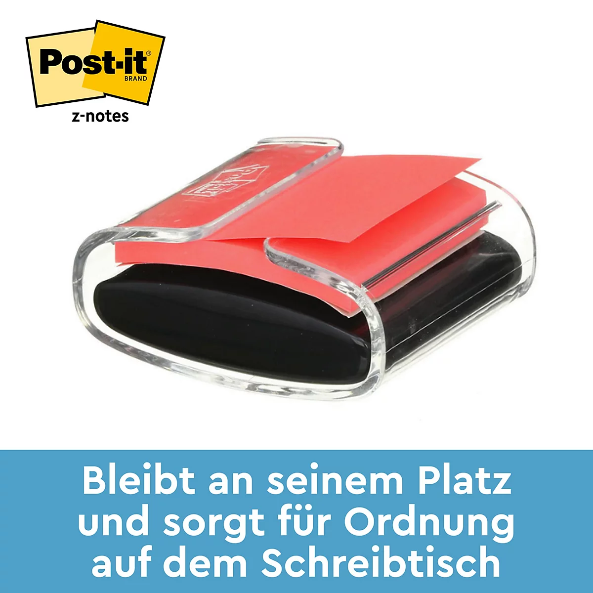 Transparenter Stifthalter mit roten Post-it-Zetteln. Text: Bleibt an seinem Platz und sorgt für Ordnung auf dem Schreibtisch.