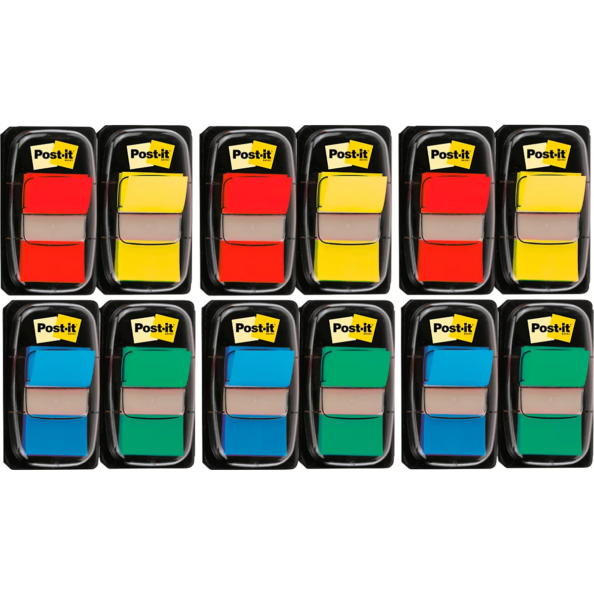 Vue de dessus de plusieurs blocs-notes Post-it de différentes couleurs, disposés dans un emballage noir. Chaque paquet est étiqueté « Post-it ».